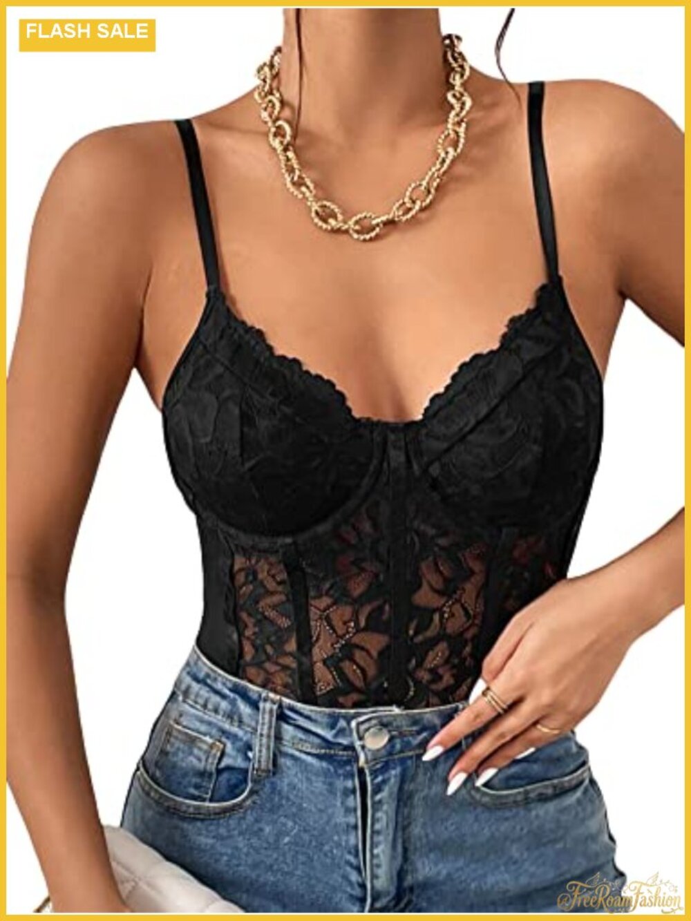 Milumia Women's Mesh Lace Bodysuit Spaghetti Strap Bustier Corset Top
